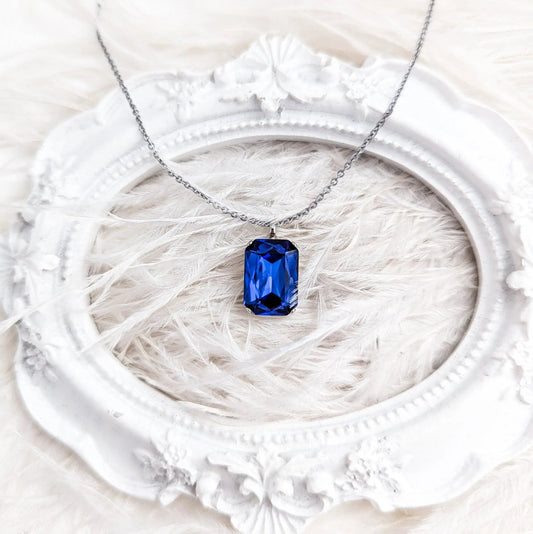 Sapphire blue crystal silver emerald cut necklace - House of Hats
