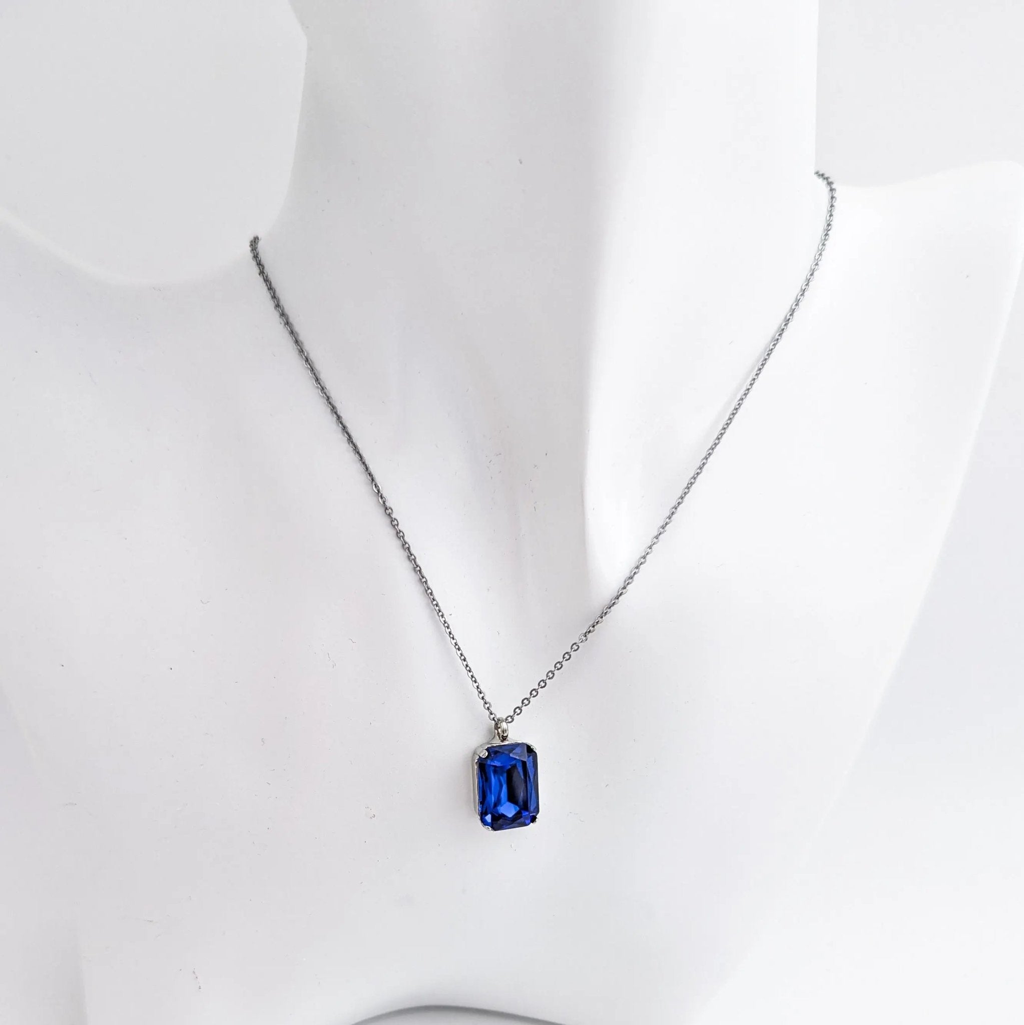 Sapphire blue crystal silver emerald cut necklace - House of Hats