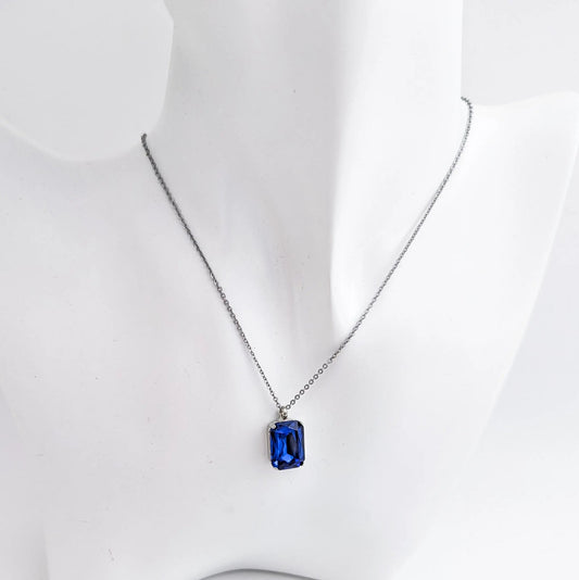 Sapphire blue crystal silver emerald cut necklace - House of Hats