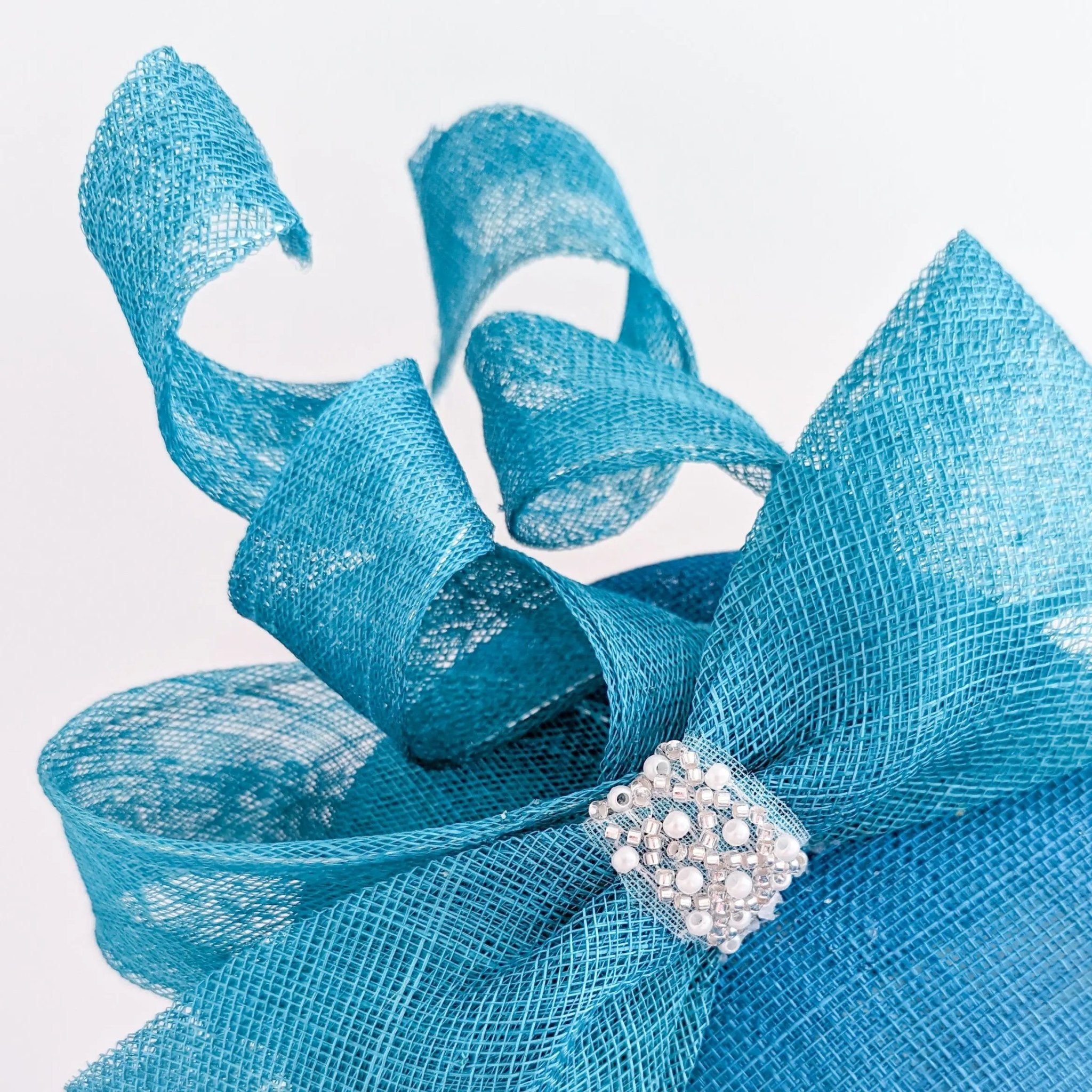 Sea blue crystal bow fascinator hat - House of Hats
