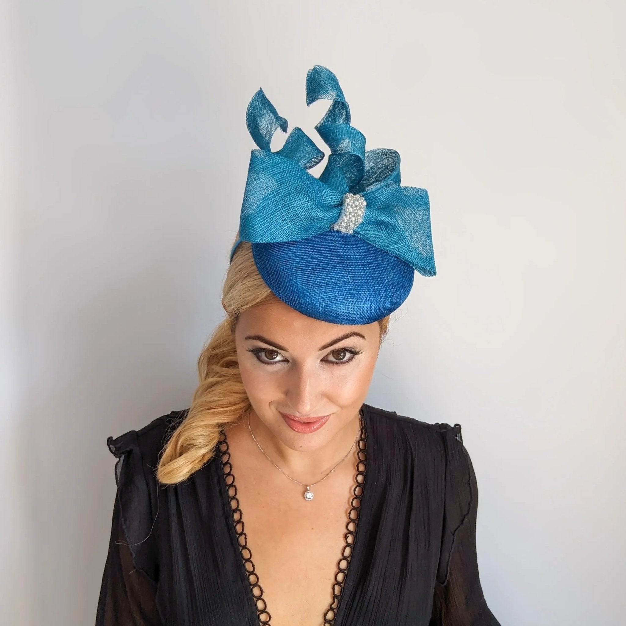 Sea blue crystal bow fascinator hat - House of Hats