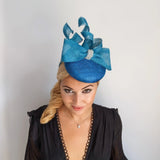 Sea blue crystal bow fascinator hat - House of Hats