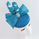 Sea blue crystal bow fascinator hat - House of Hats