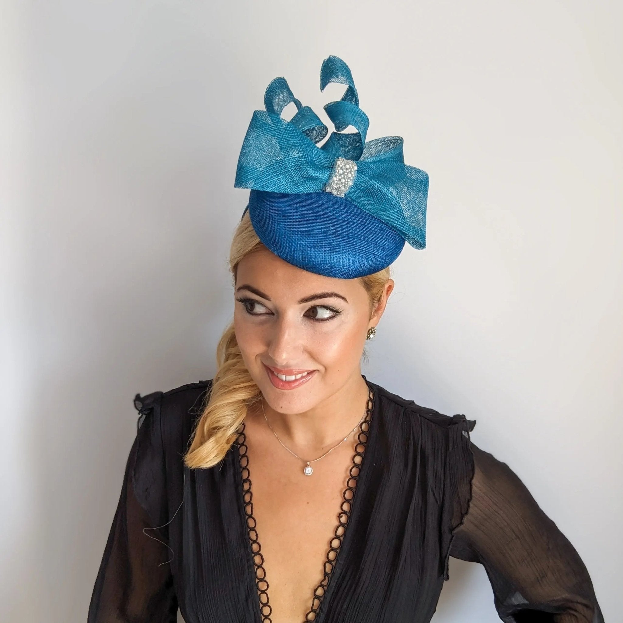 Sea blue crystal bow fascinator hat - House of Hats