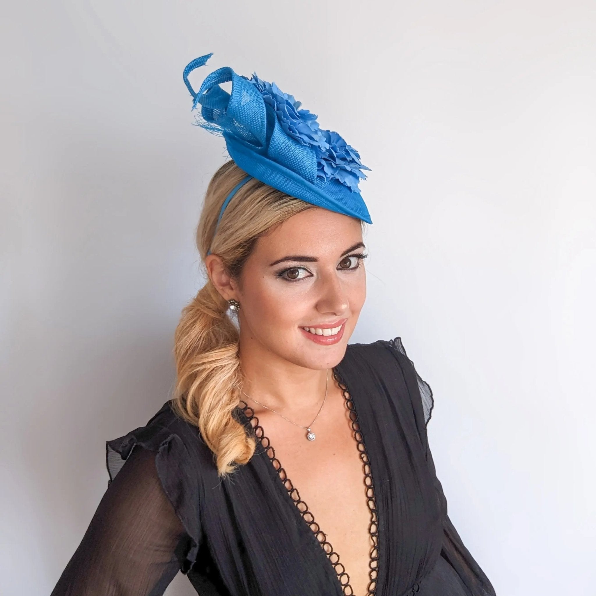 Sea blue flower fascinator disc saucer hat - House of Hats