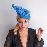 Sea blue flower fascinator disc saucer hat - House of Hats