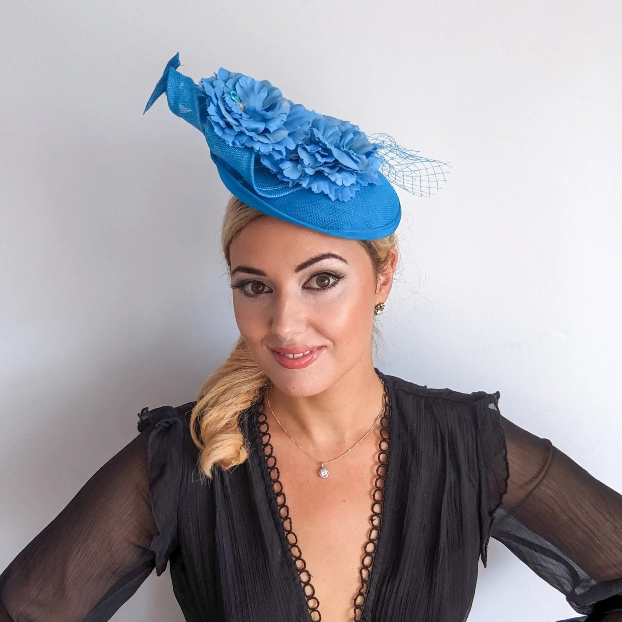 Sea blue flower fascinator disc saucer hat - House of Hats