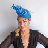 Sea blue flower fascinator disc saucer hat - House of Hats