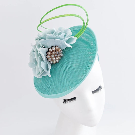 Seafoam mint green flower disc saucer fascinator hat - House of Hats