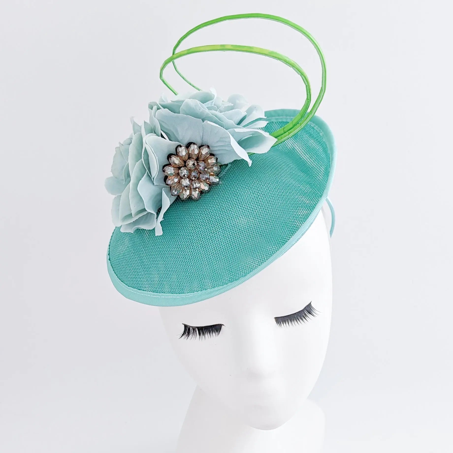 Seafoam mint green flower disc saucer fascinator hat - House of Hats