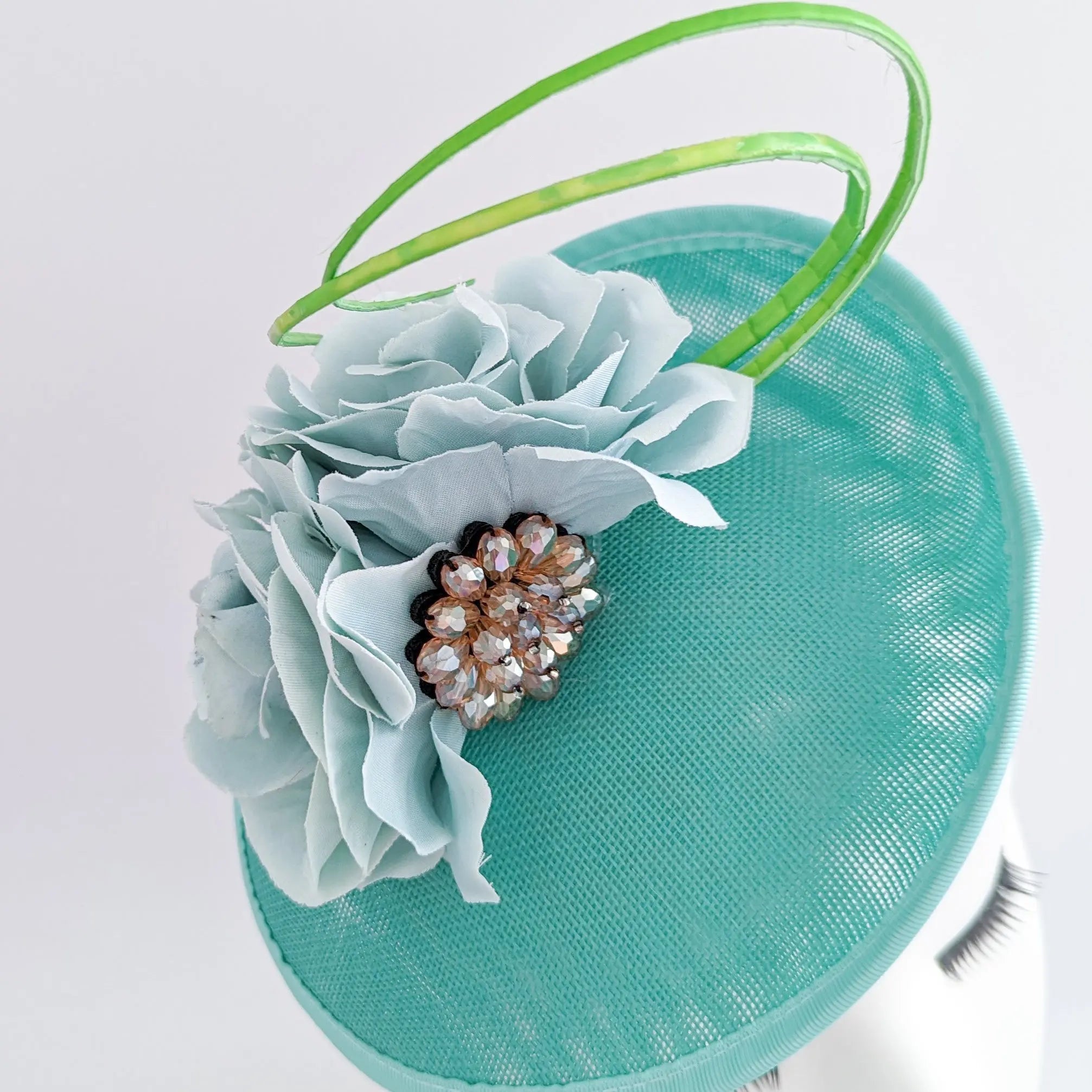 Seafoam mint green flower disc saucer fascinator hat - House of Hats