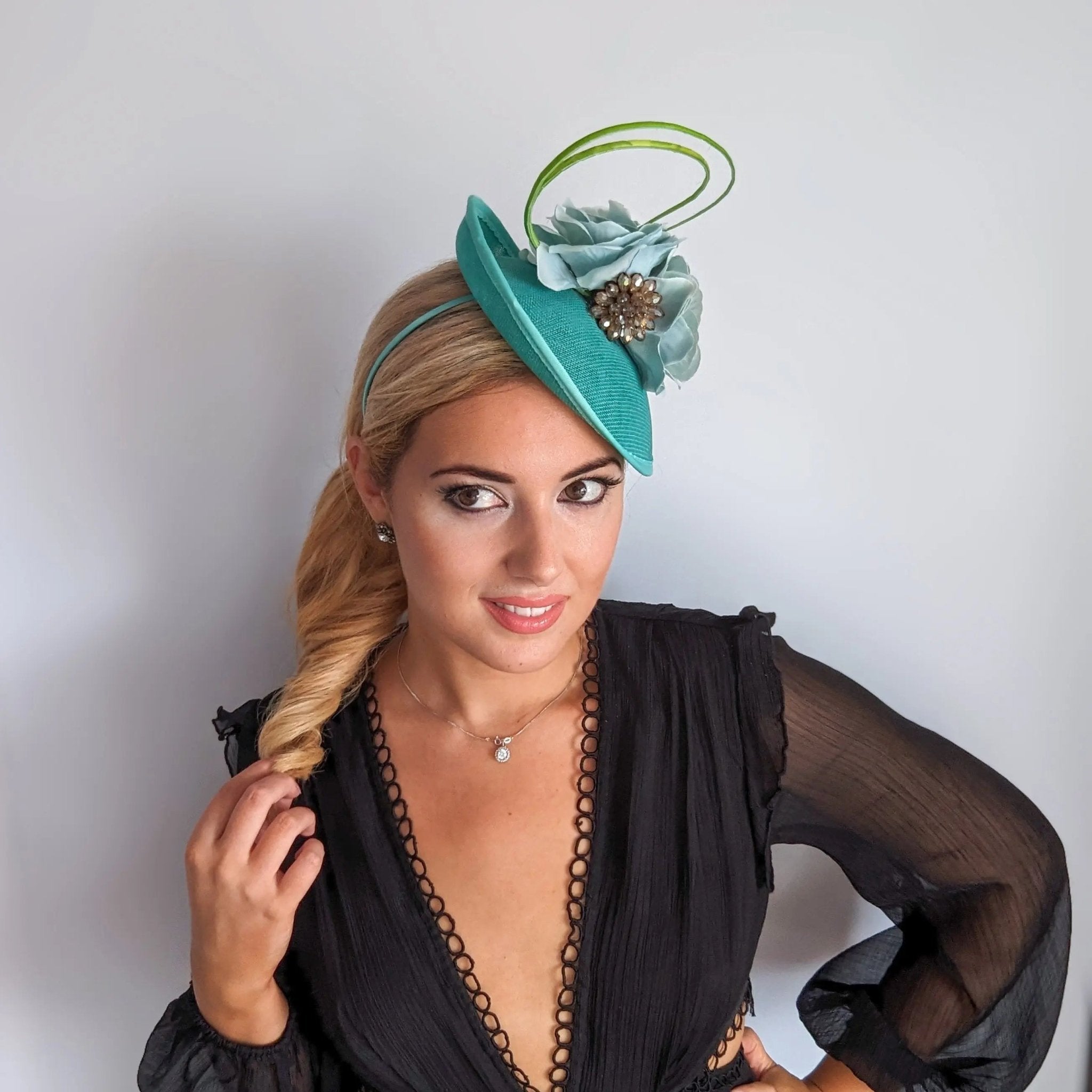 Seafoam mint green flower disc saucer fascinator hat - House of Hats
