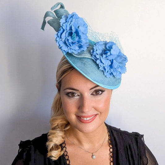 Seafoam mint green flower fascinator disc saucer hat - House of Hats