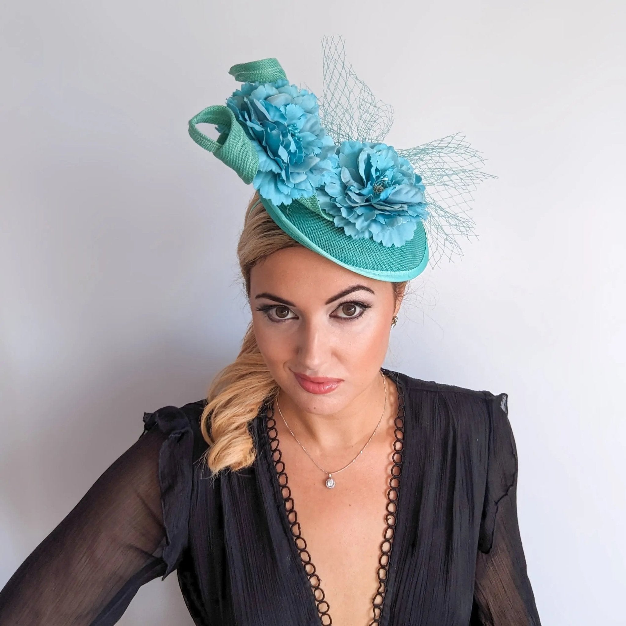 Seafoam mint green flower fascinator disc saucer hat - House of Hats