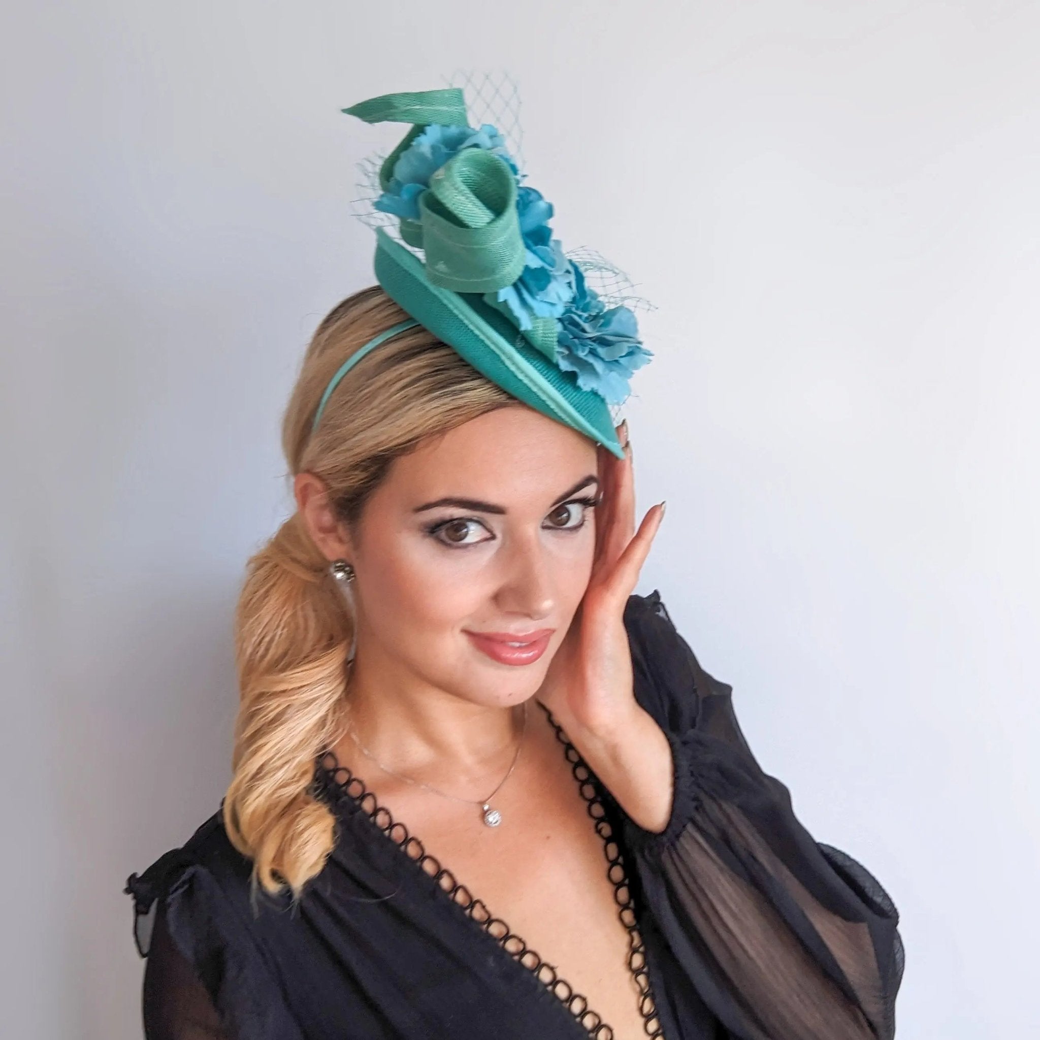 Seafoam mint green flower fascinator disc saucer hat - House of Hats