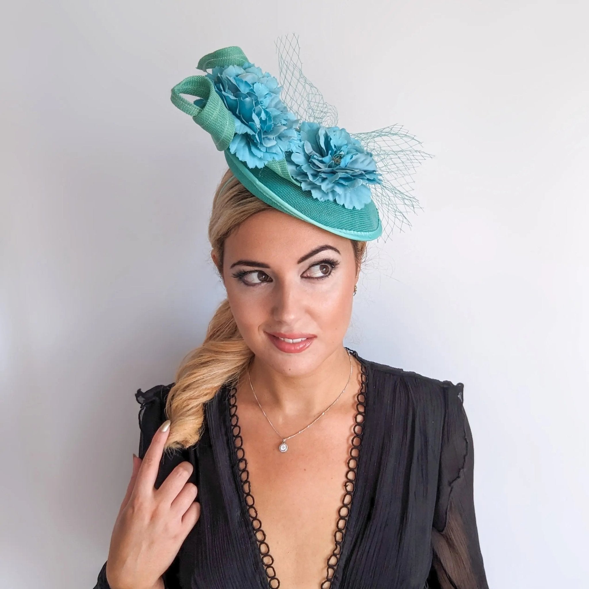 Seafoam mint green flower fascinator disc saucer hat - House of Hats