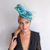 Seafoam mint green flower fascinator disc saucer hat - House of Hats