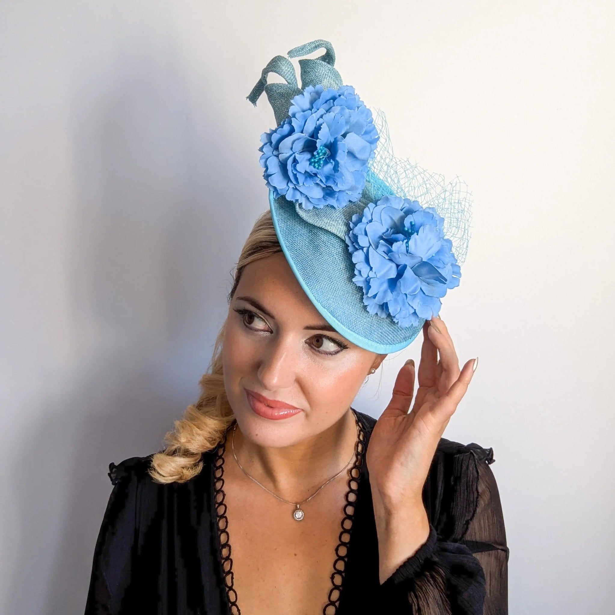 Seafoam mint green flower fascinator disc saucer hat - House of Hats