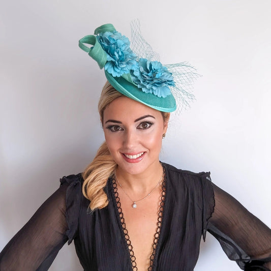 Seafoam mint green flower fascinator disc saucer hat - House of Hats