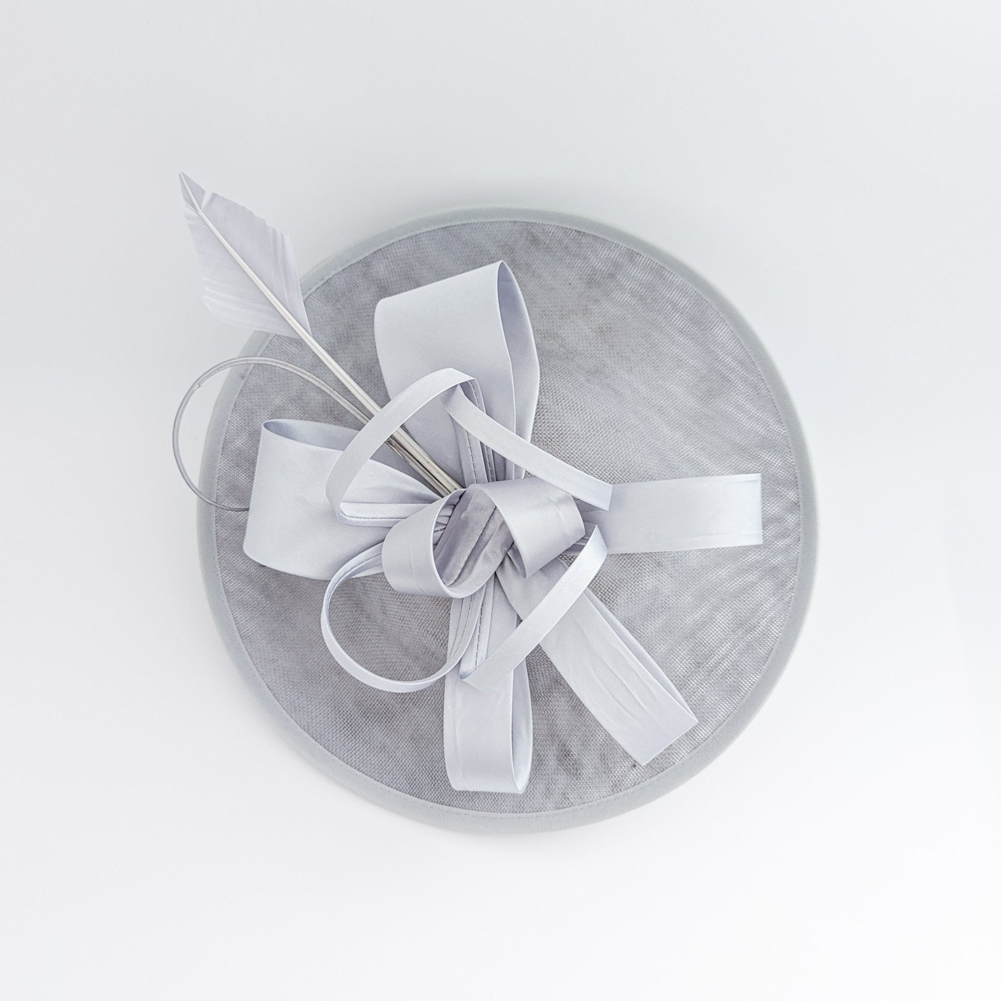 Silver feather large saucer disc fascinator hat - House of Hats