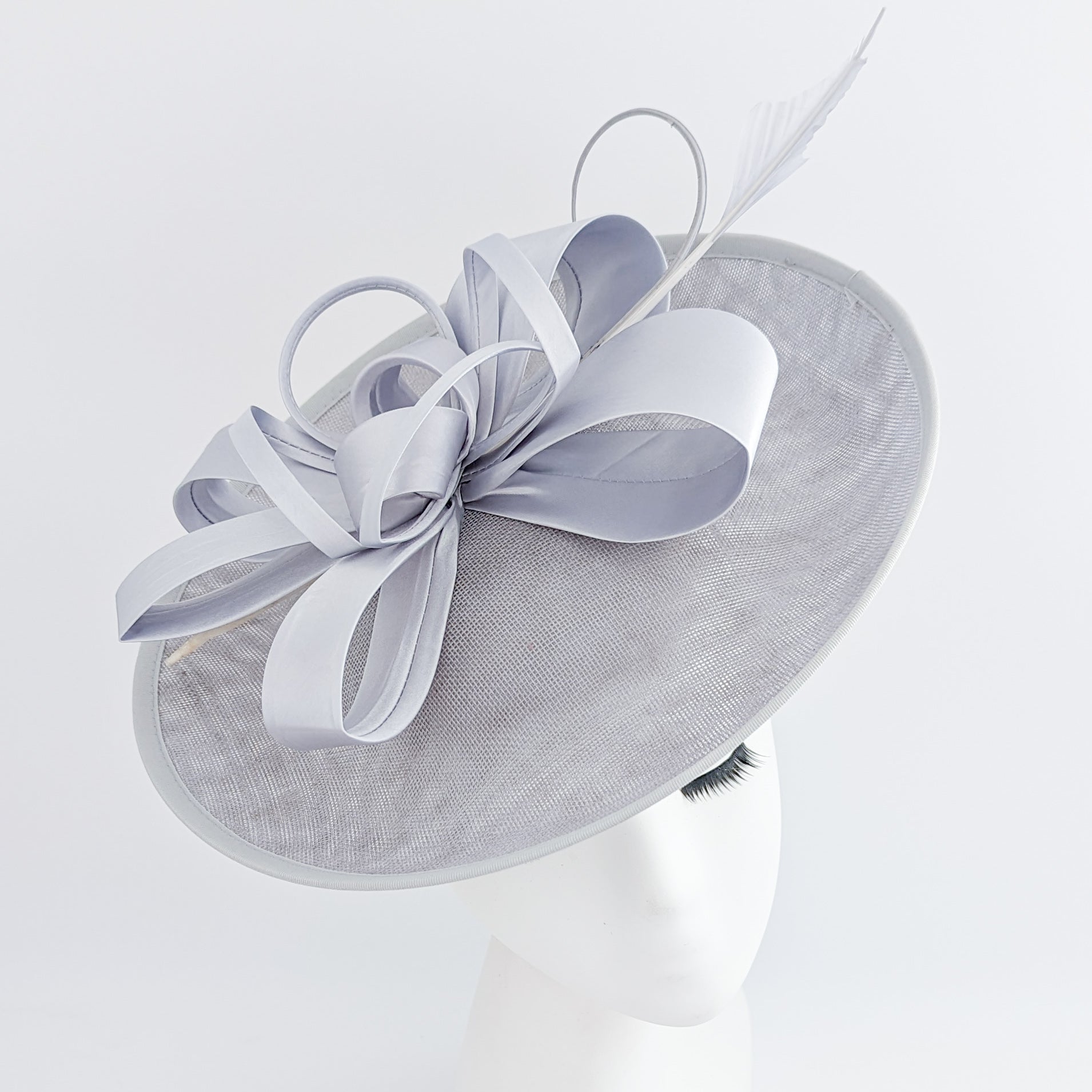 Silver feather large saucer disc fascinator hat - House of Hats