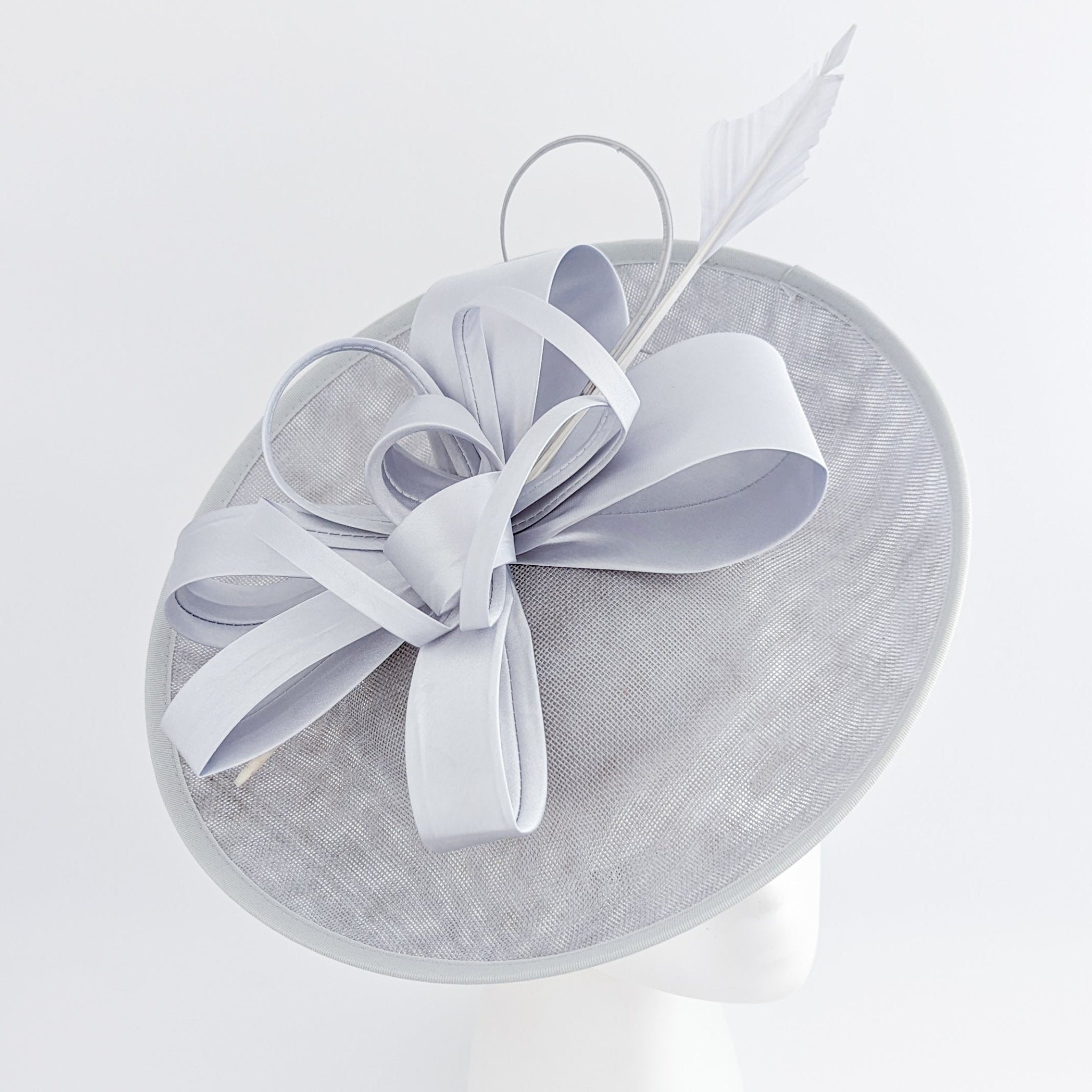 Silver feather large saucer disc fascinator hat - House of Hats