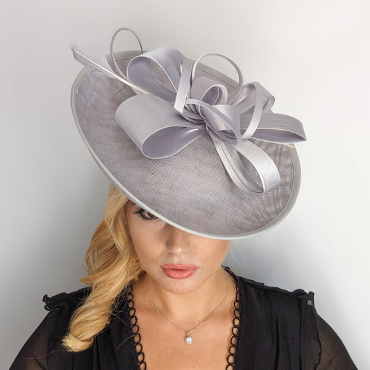 Silver feather large saucer disc fascinator hat - House of Hats