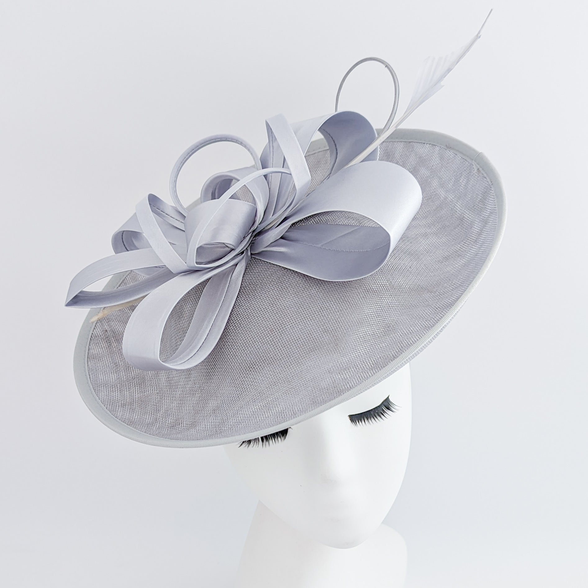 Silver feather large saucer disc fascinator hat - House of Hats
