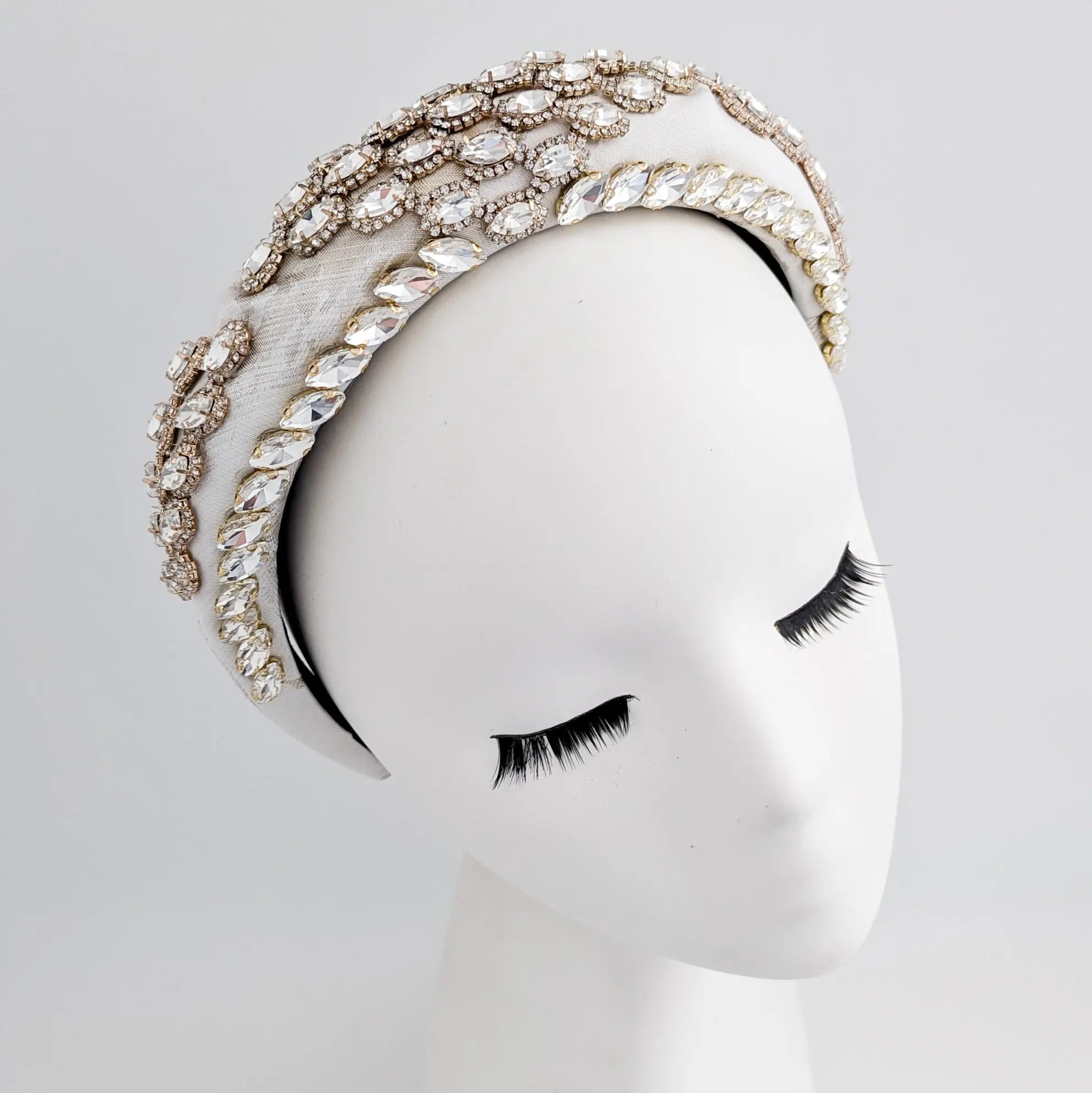 Silver ivory crystal padded satin headband fascinator - House of Hats