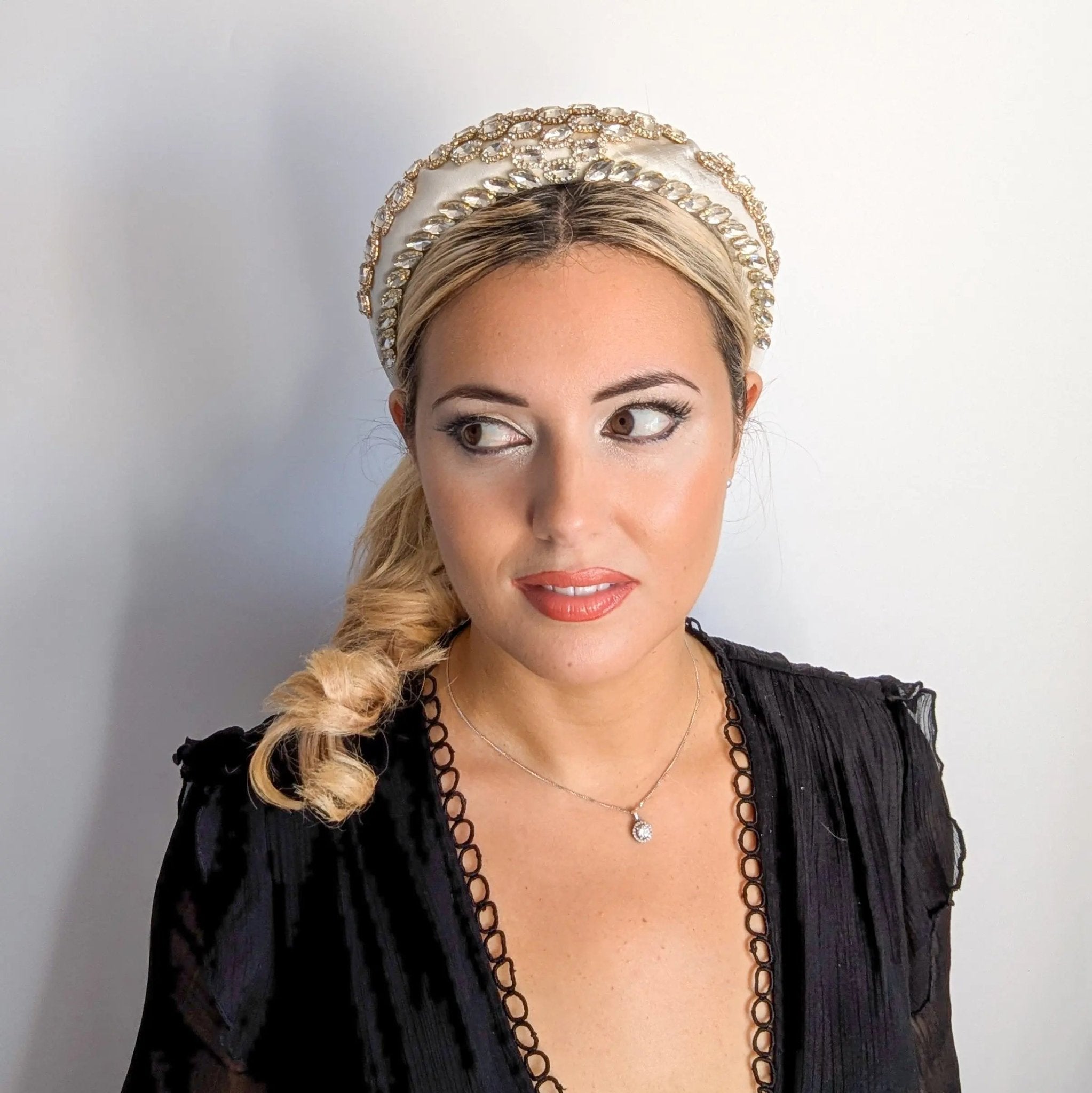 Silver ivory crystal padded satin headband fascinator - House of Hats