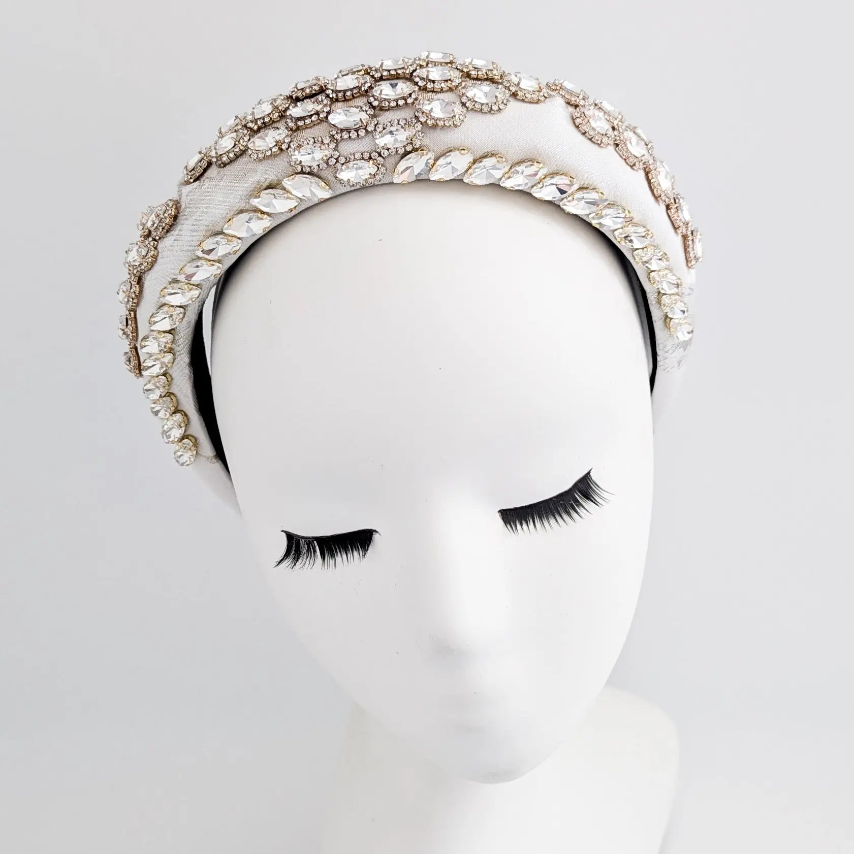Silver ivory crystal padded satin headband fascinator - House of Hats