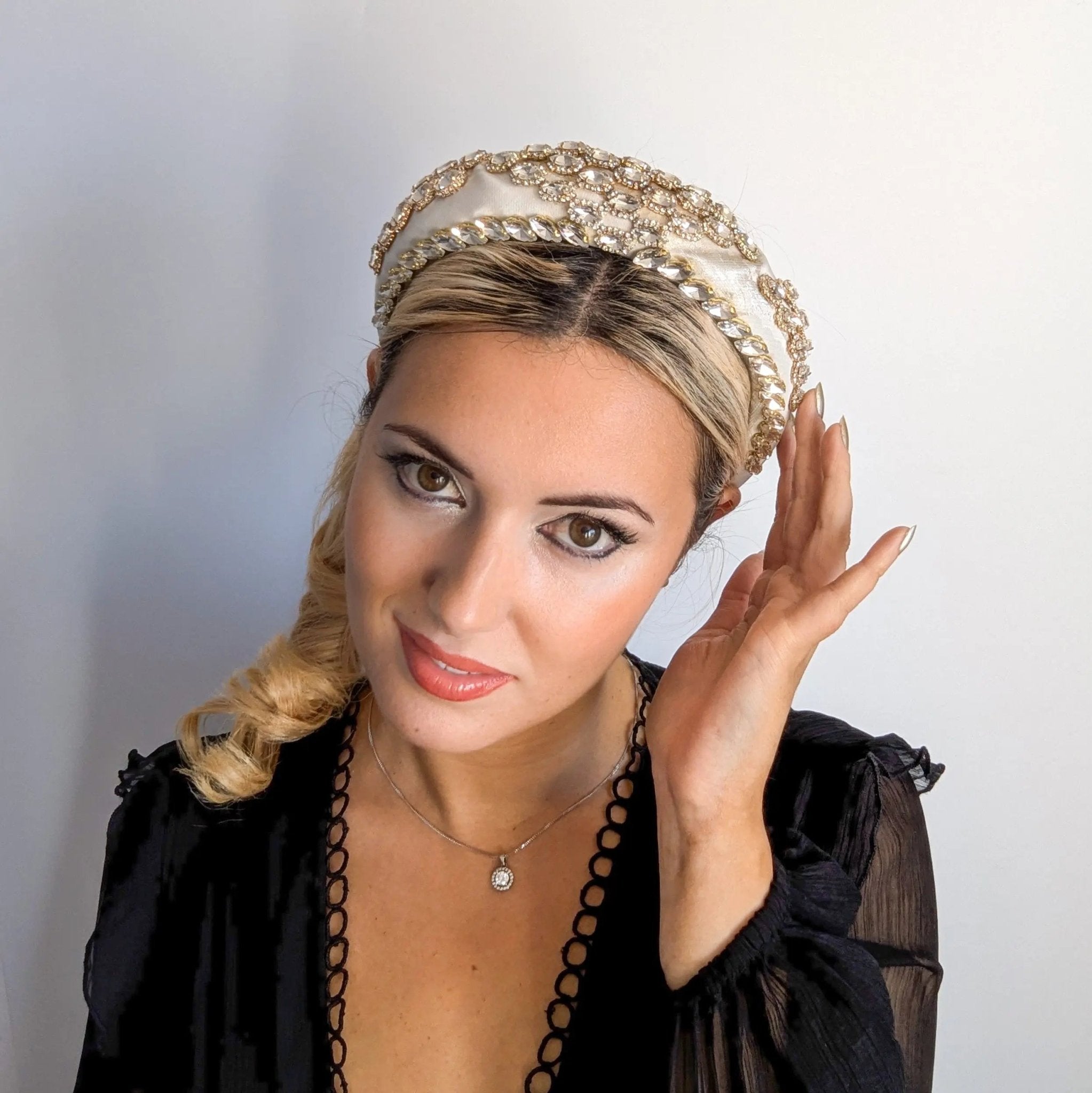 Silver ivory crystal padded satin headband fascinator - House of Hats