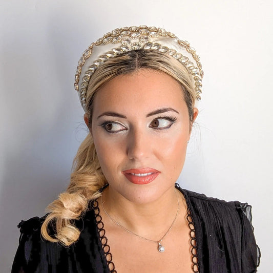Silver ivory crystal padded satin headband fascinator - House of Hats