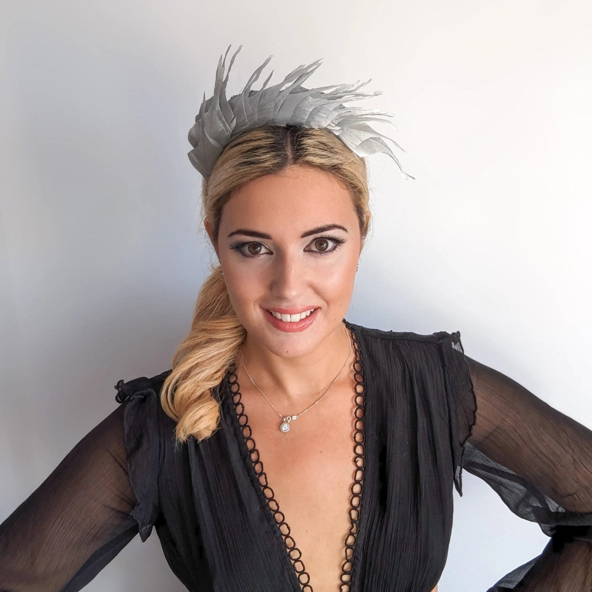 Silver metallic shimmer feather headband fascinator - House of Hats