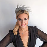 Silver metallic shimmer feather headband fascinator - House of Hats