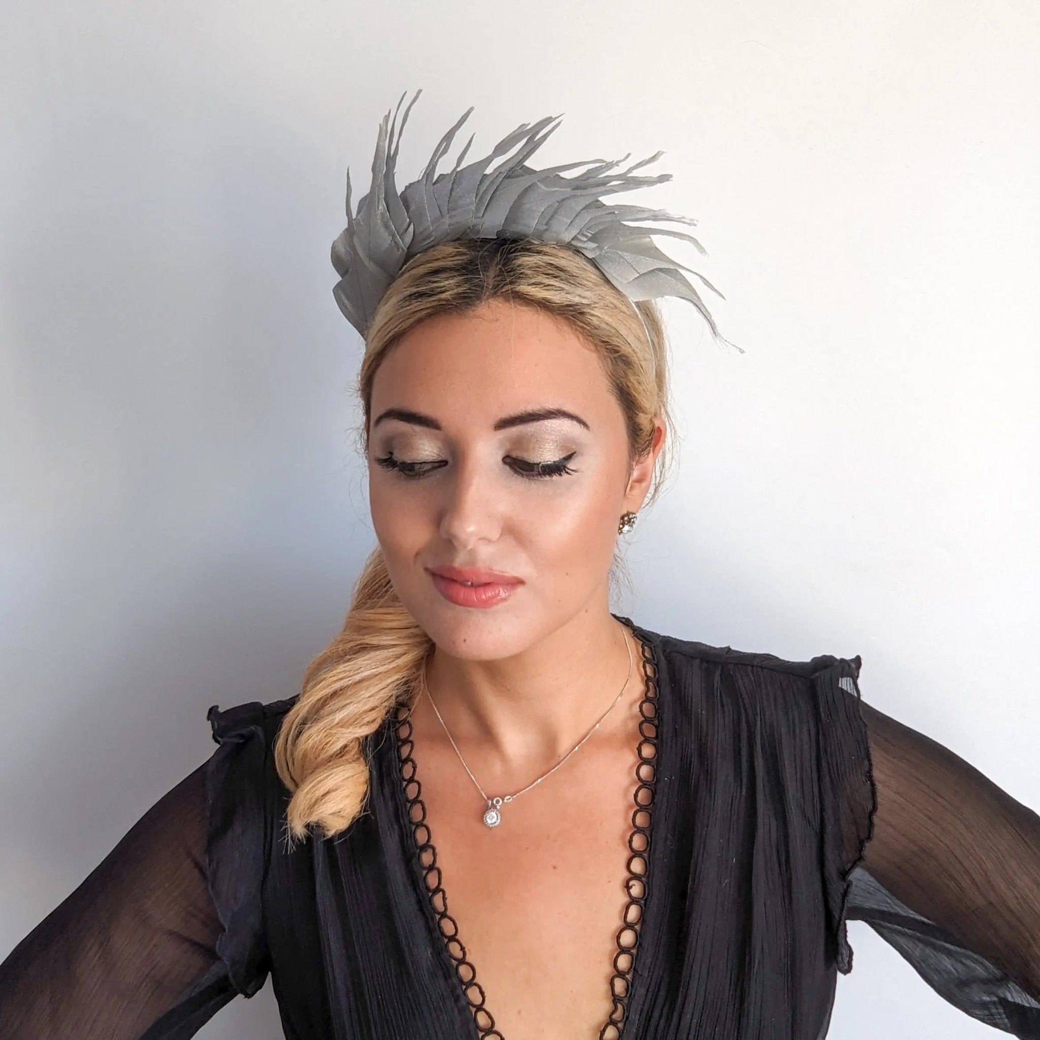 Silver metallic shimmer feather headband fascinator - House of Hats