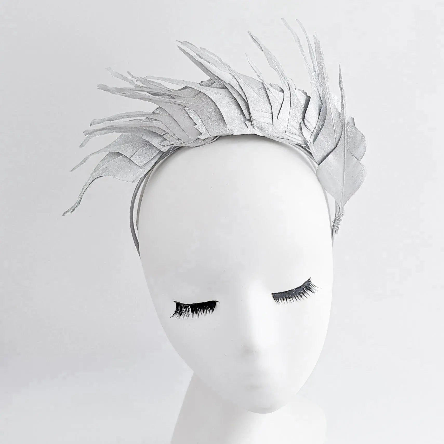 Silver metallic shimmer feather headband fascinator - House of Hats