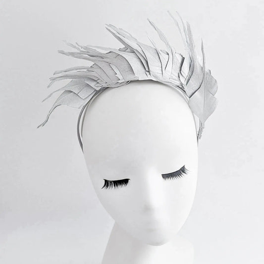 Silver metallic shimmer feather headband fascinator - House of Hats