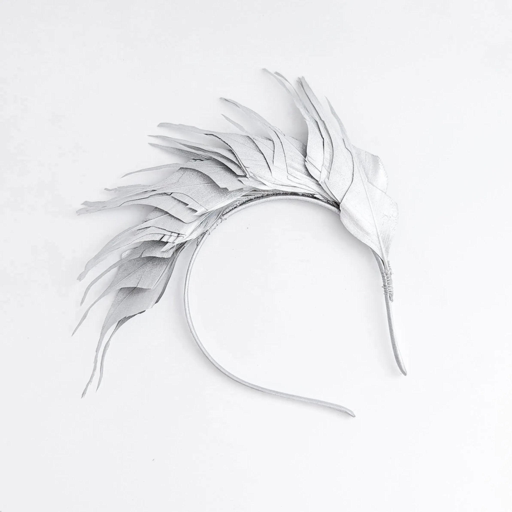 Silver metallic shimmer feather headband fascinator - House of Hats