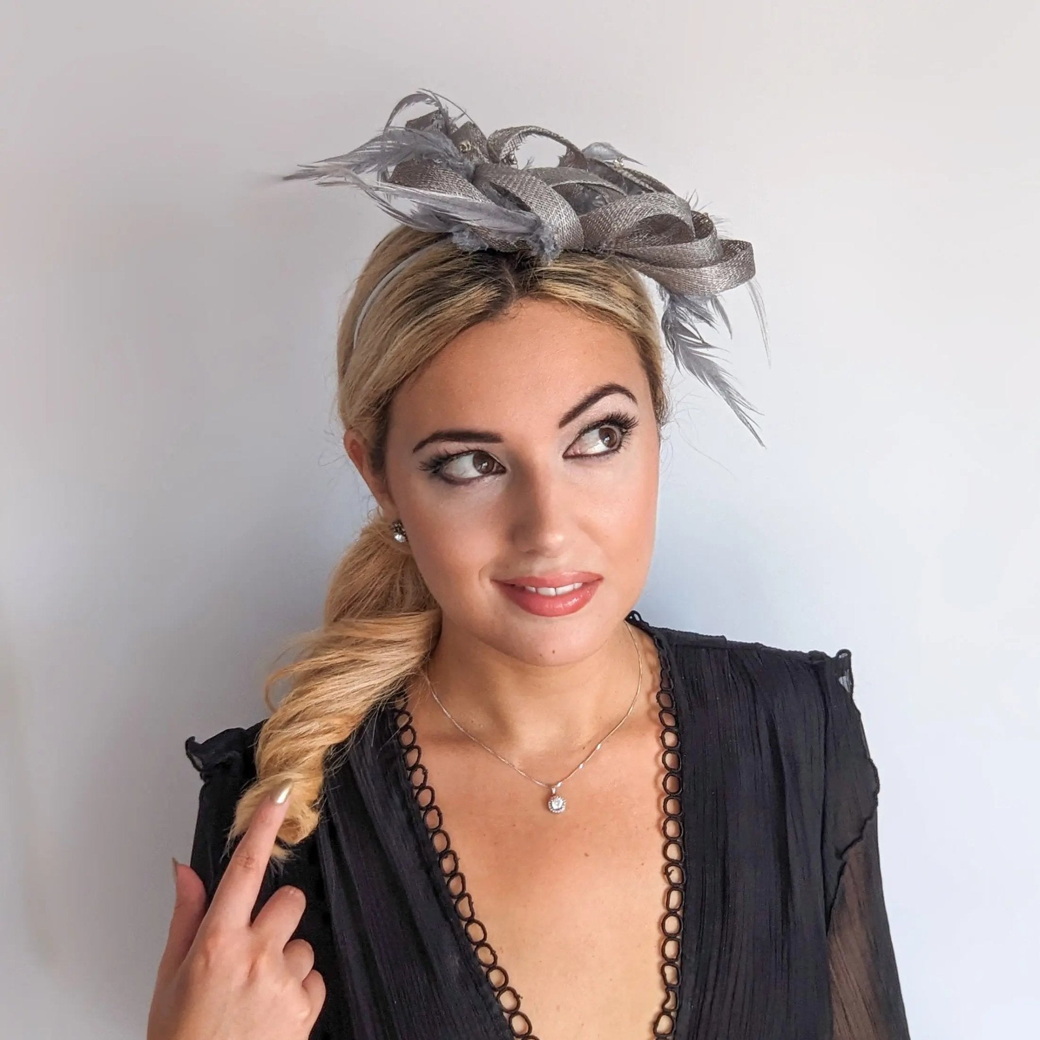 Silver shimmer crystal feather fascinator hat - House of Hats