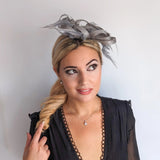Silver shimmer crystal feather fascinator hat - House of Hats