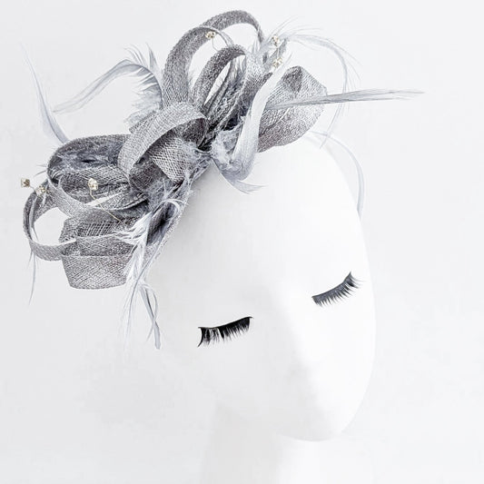 Silver shimmer crystal feather fascinator hat - House of Hats