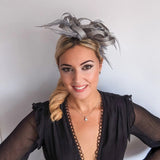 Silver shimmer crystal feather fascinator hat - House of Hats