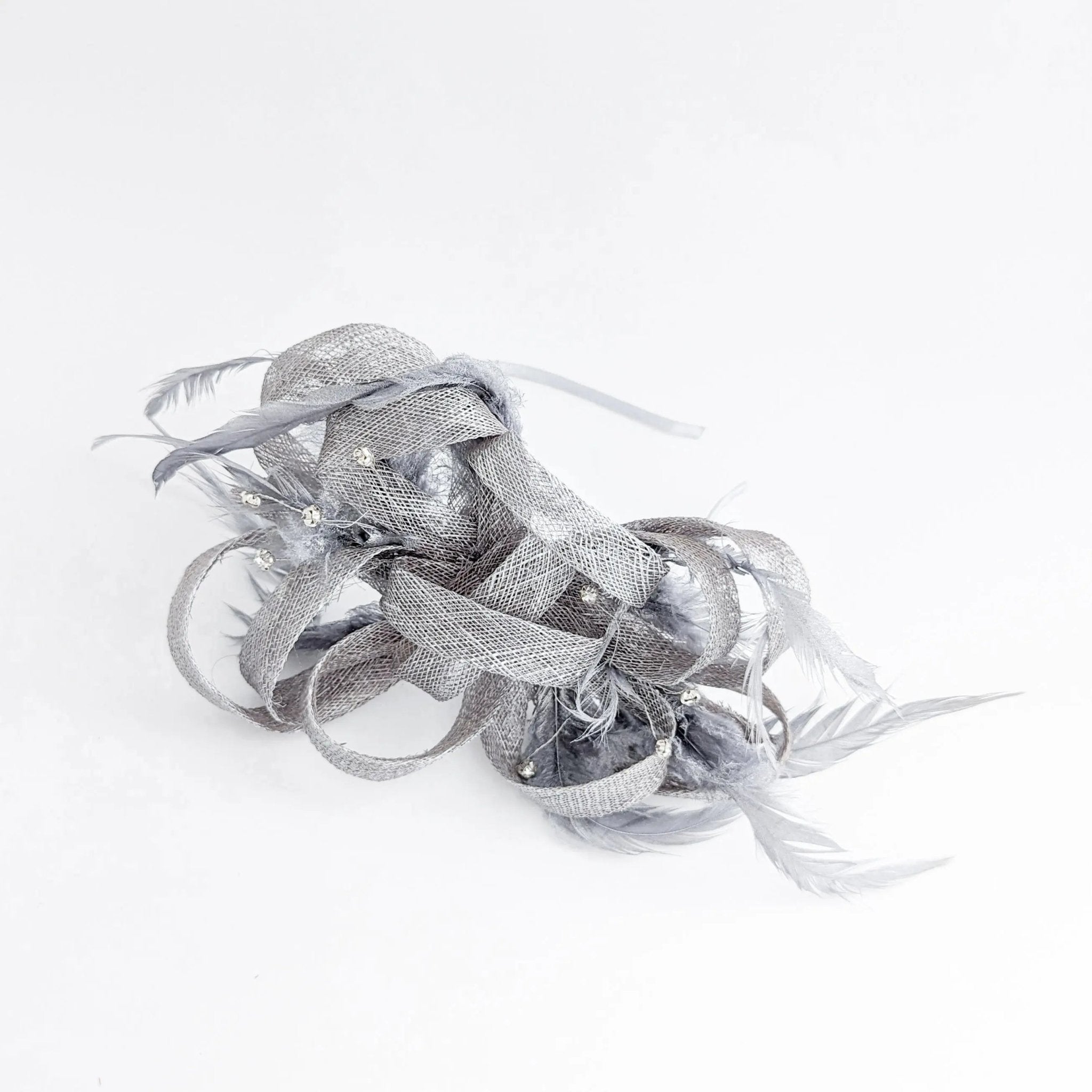 Silver shimmer crystal feather fascinator hat - House of Hats