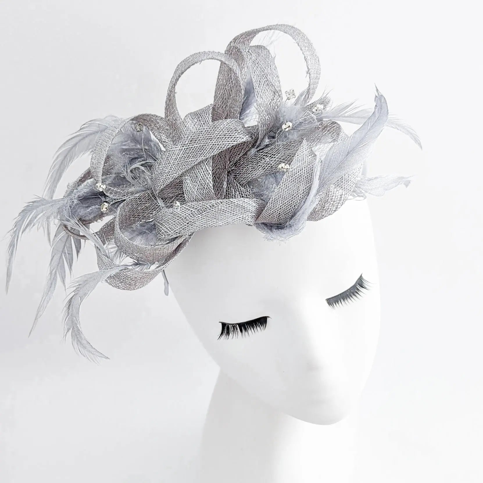 Silver shimmer crystal feather fascinator hat - House of Hats