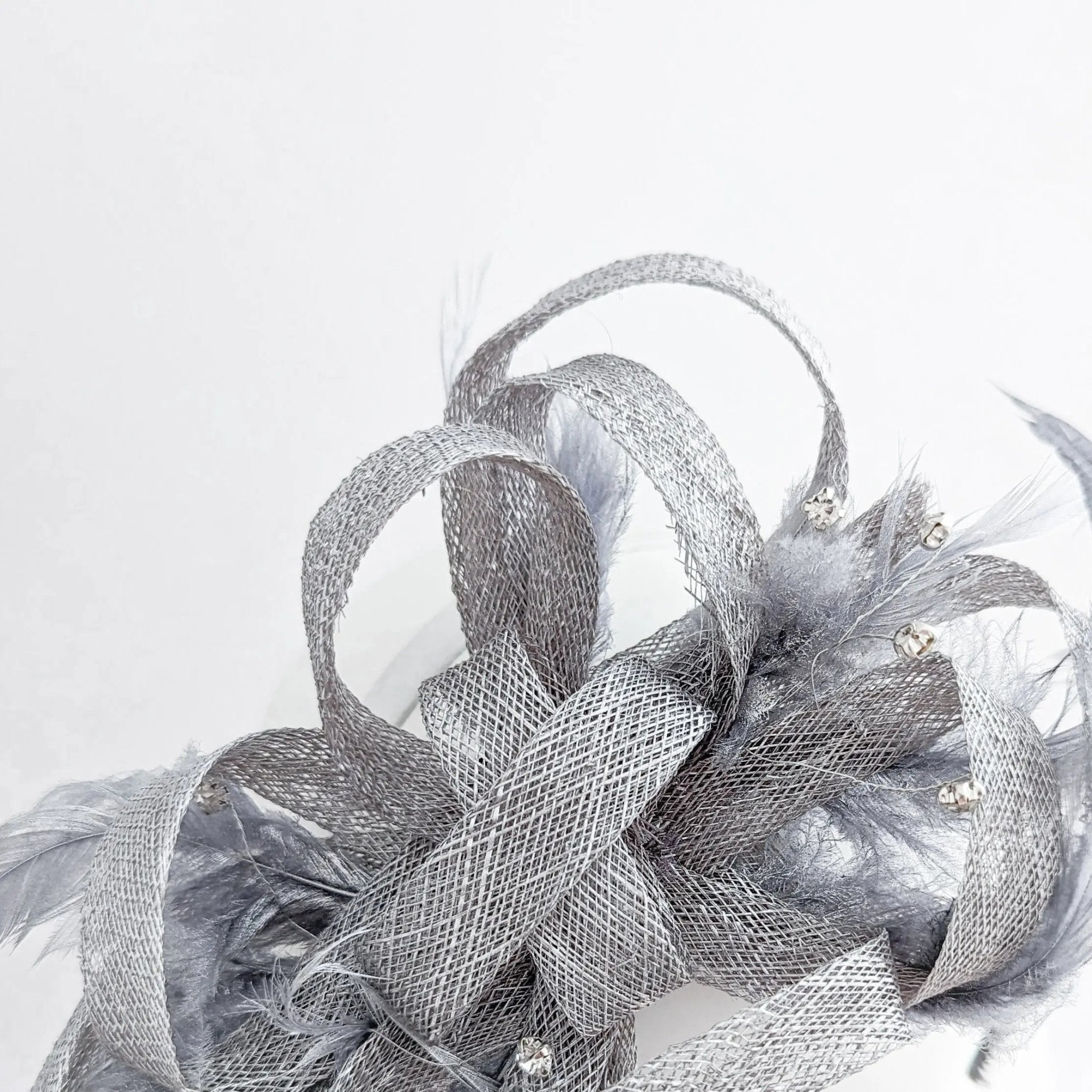 Silver shimmer crystal feather fascinator hat - House of Hats