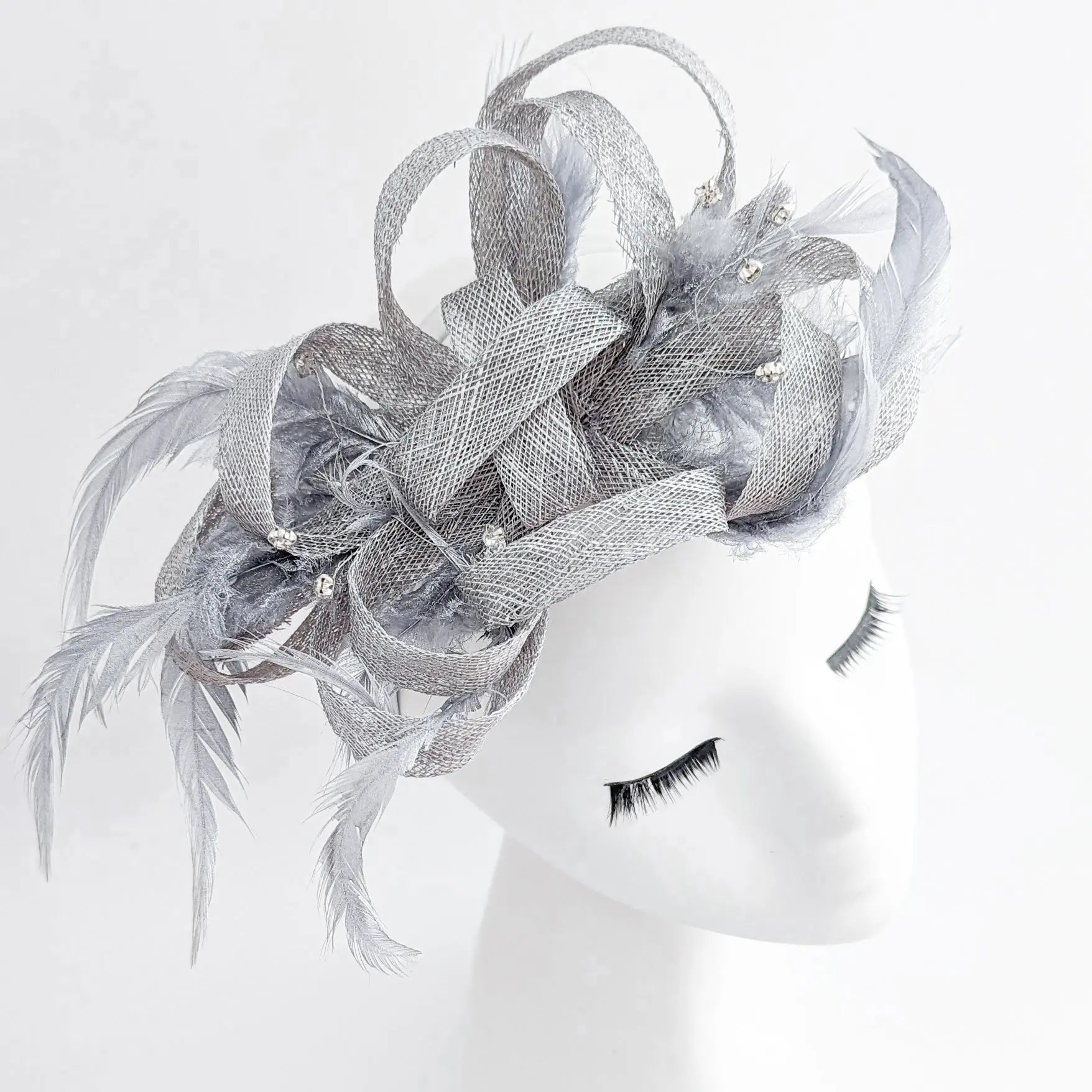 Silver shimmer crystal feather fascinator hat - House of Hats
