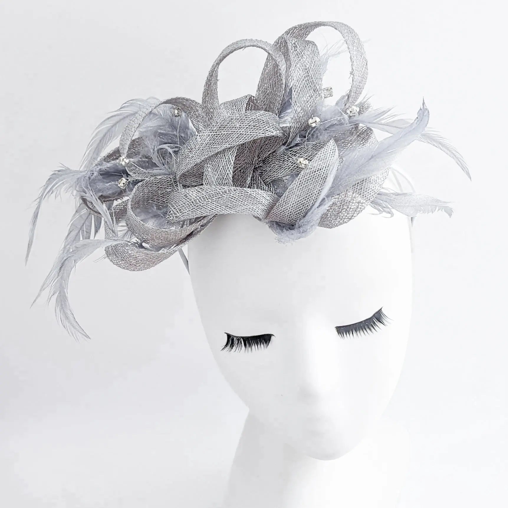 Silver shimmer crystal feather fascinator hat - House of Hats