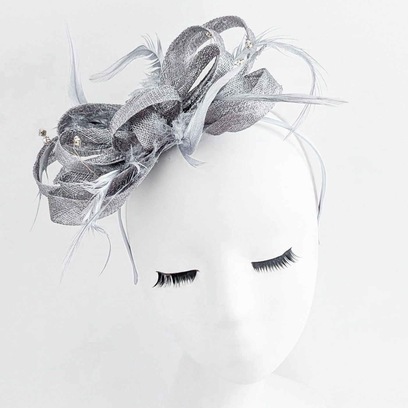 Silver shimmer crystal feather fascinator hat - House of Hats