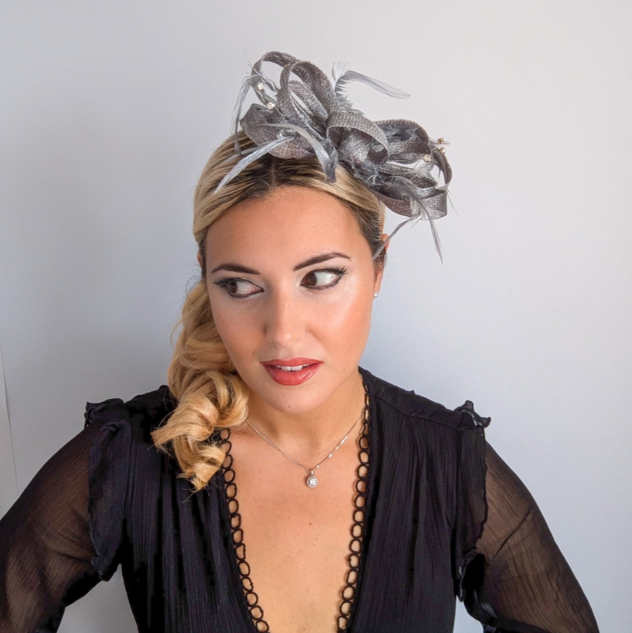 Silver shimmer crystal feather fascinator hat - House of Hats